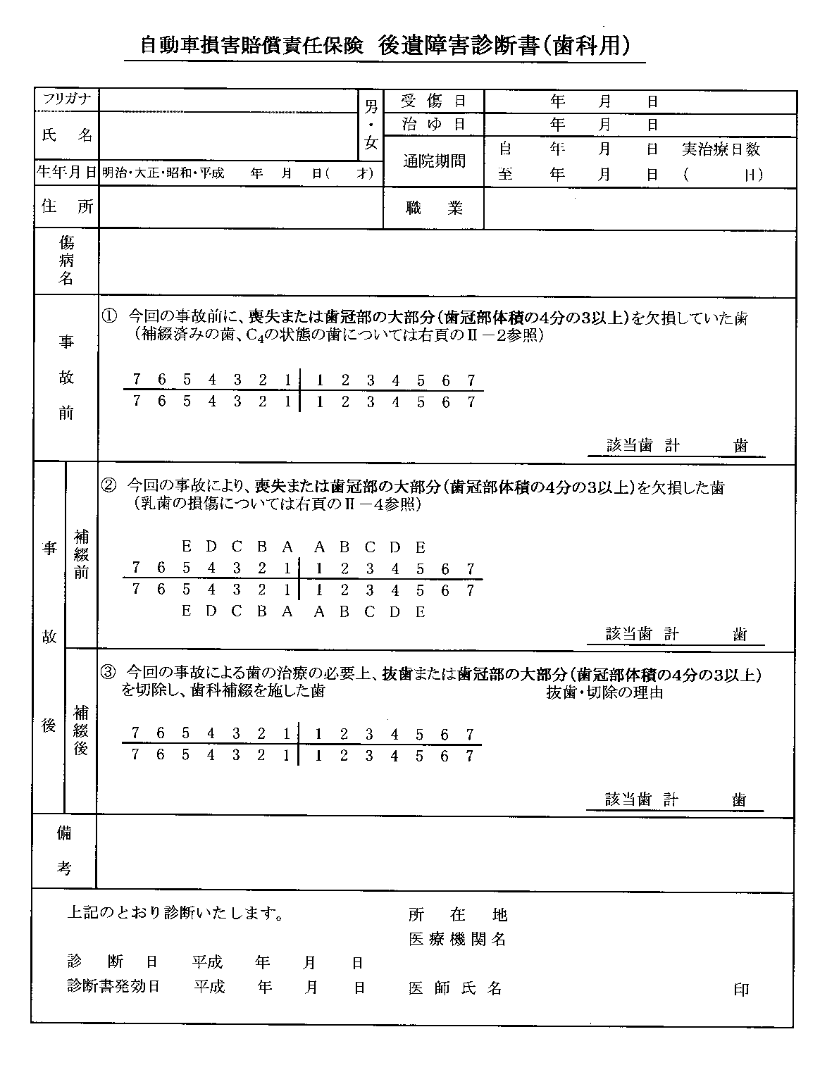 歯科用後遺障害診断書