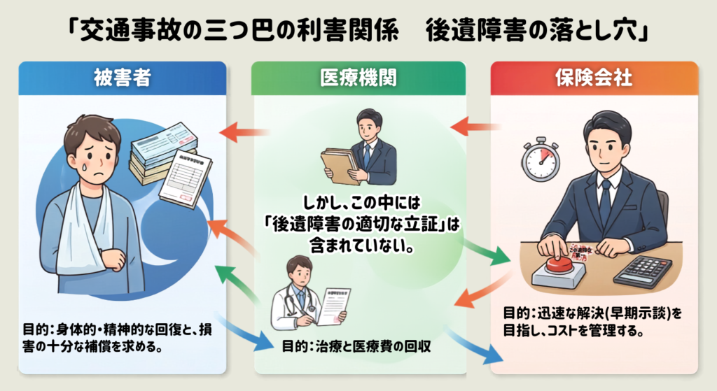 三者がそれぞれの立場で目的を持ち、それらは相いれず、後遺障害とは無関係